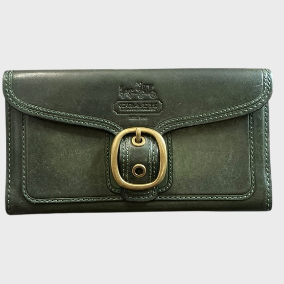 Coach Bleecker Hunter Green Leather Long Wallet Brass Buckle - Picture 3 of 13